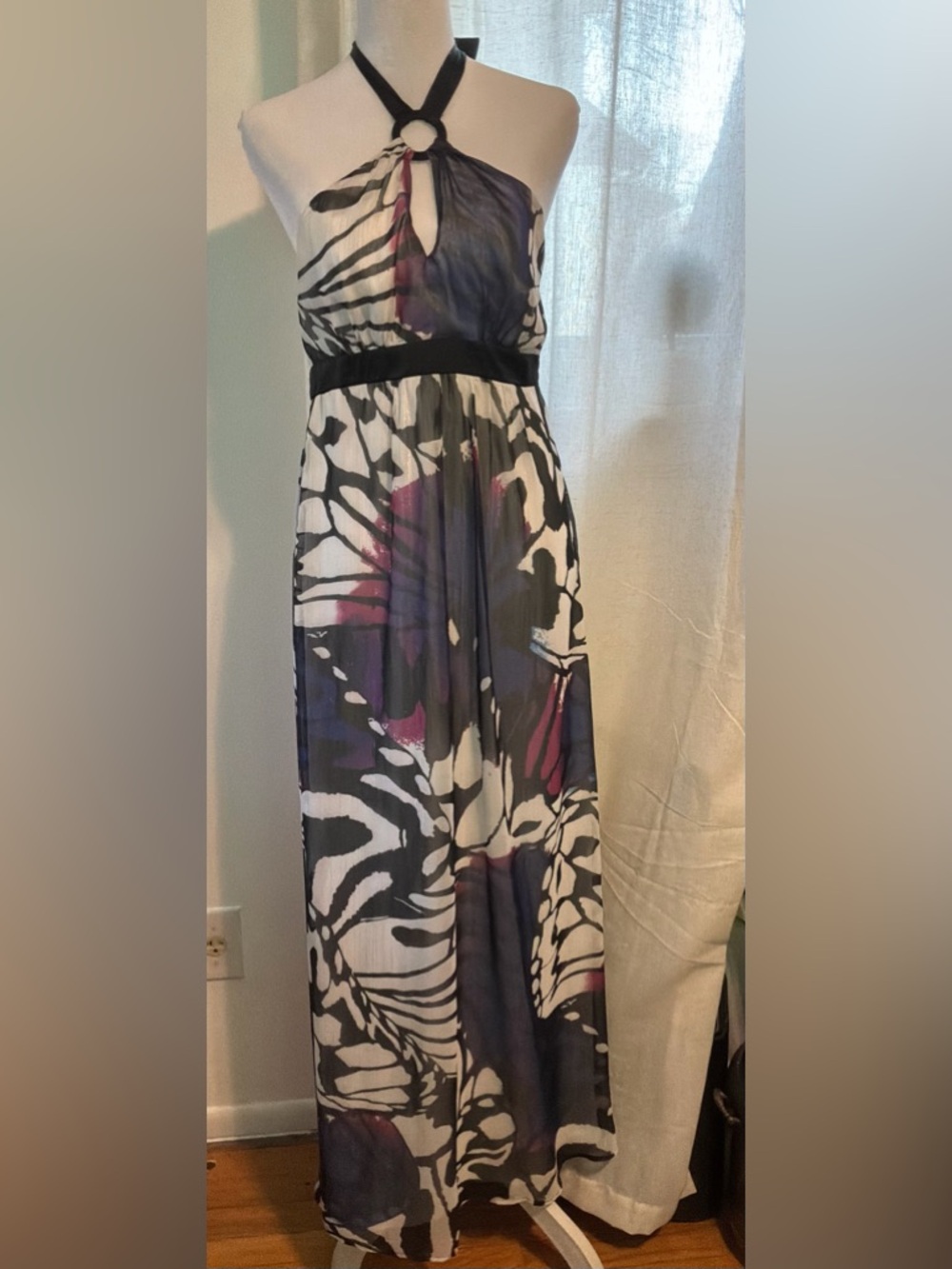 Vintage Y2K aesthetic Bebe Halter Maxi Dress with butterfly pattern